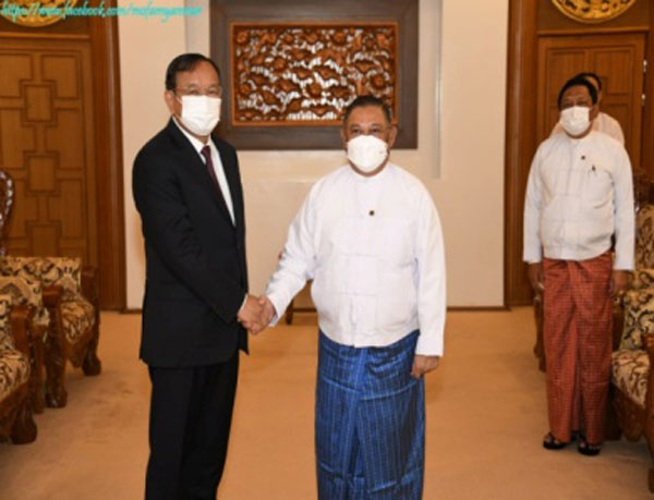 Union Minister U Wunna Maung Lwin receives the special envoy of the ASEAN Chair